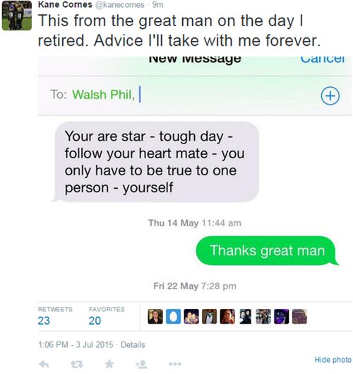 'Follow your heart mate': AFL player Kane Cornes shares inspirational text from Phil Walsh