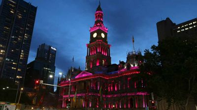 Town Hall is lit up with pink lights as the gay community and their supporters. (AAP)