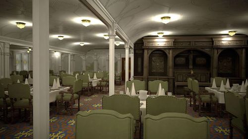 The first class dining room inside the ship has been designed to look the same as the original. (Blue Star Line)