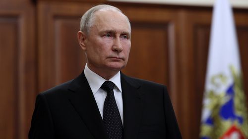 Russian President Vladimir Putin addresses the nation, in Moscow, Russia, Saturday, June 24, 2023. 