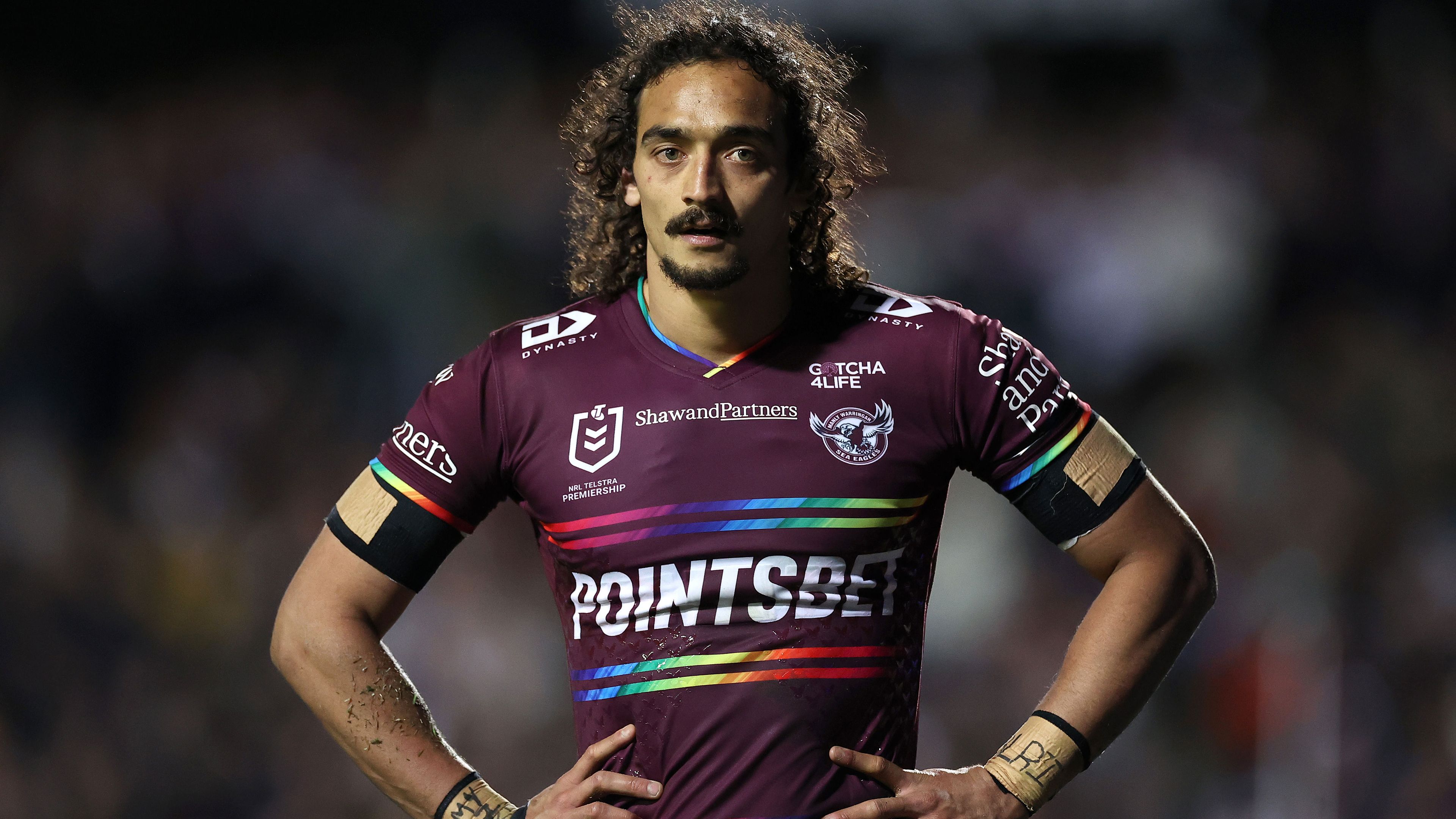 Morgan Harper of the Sea Eagles looks on during Manly&#x27;s loss to the Roosters in round 20. 