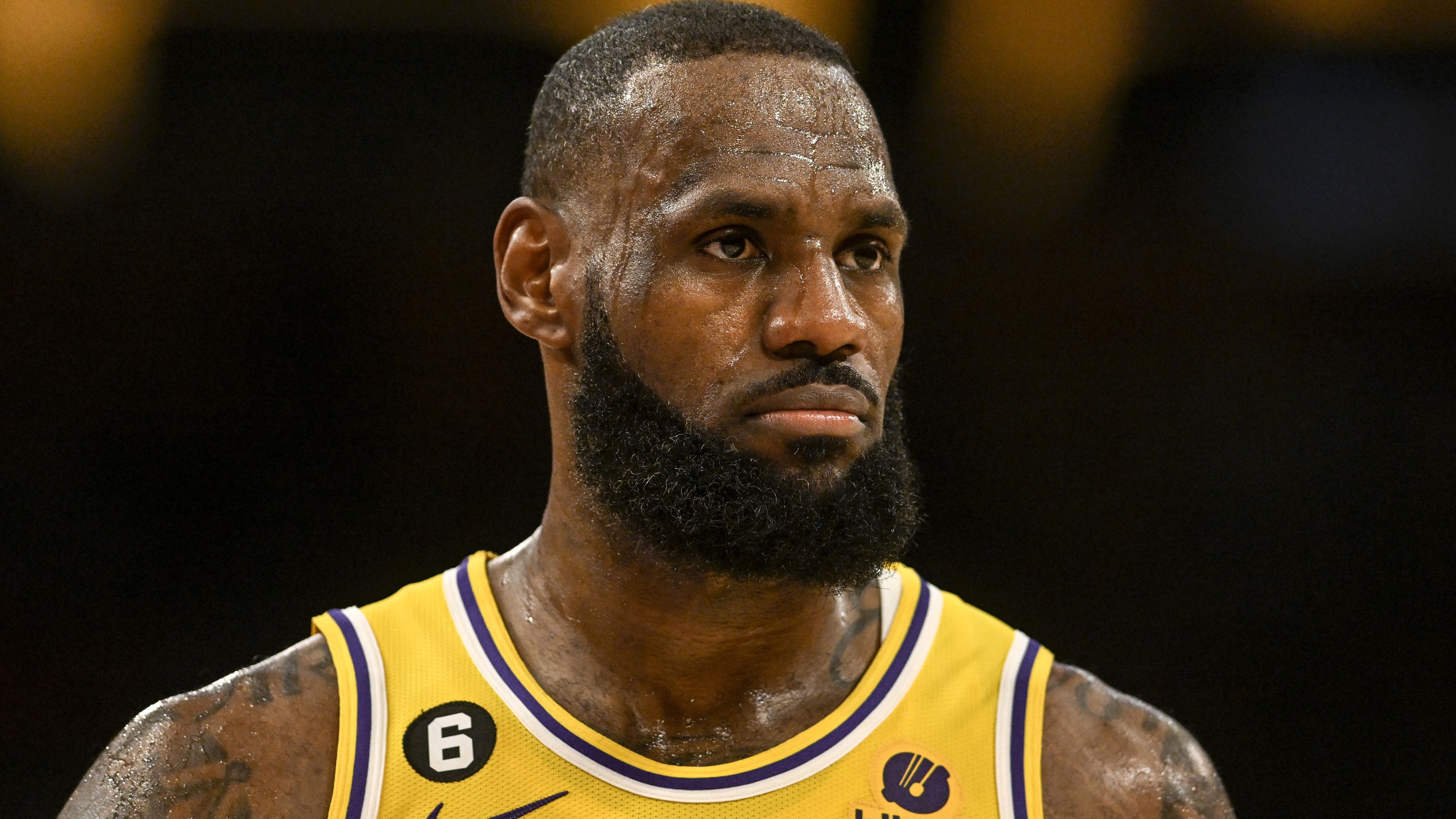 LOS ANGELES, CA - MAY 22: LeBron James (6) of the Los Angeles Lakers stands on the court during the second quarter agains the Denver Nuggets in the Western Conference finals game 4 at Crypto.com Arena in Los Angeles on Monday, May 22, 2023. (Photo by AAron Ontiveroz/The Denver Post)