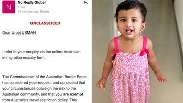 An email received by Urooj Usman and her husband Danish Ghori mistakenly saying that the family had been granted a travel exemption, and (right) their daughter Zara.