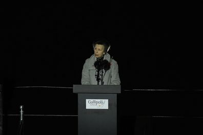 Britain's Princess Anne delivers a speech during the "Spirit of Place" ceremony and dawn service at Anzac Cove beach, the site of the April 25, 1915, World War I landing of the ANZAC (Australian and New Zealand Army Corps), on the Gallipoli Peninsula near Canakkale, Turkey, early Friday, April 25, 2025. (AP Photo/Emrah Gurel)