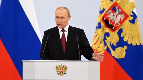 Russian President Vladimir Putin speaks during celebrations marking the incorporation of regions of Ukraine to join Russia, in Red Square in Moscow, Russia, Friday, Sept. 30, 2022. 