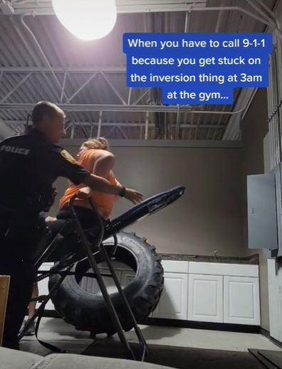 woman stuck upside down at gym