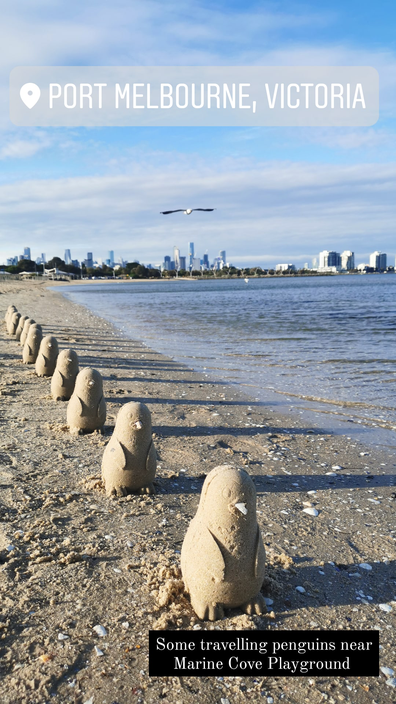 Sand penguins pop up at a beach in Port Melbourne during lockdown