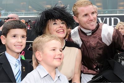 Trainer Gai Waterhouse and Tommy Berry pose for photo after Sweet Idea's win.