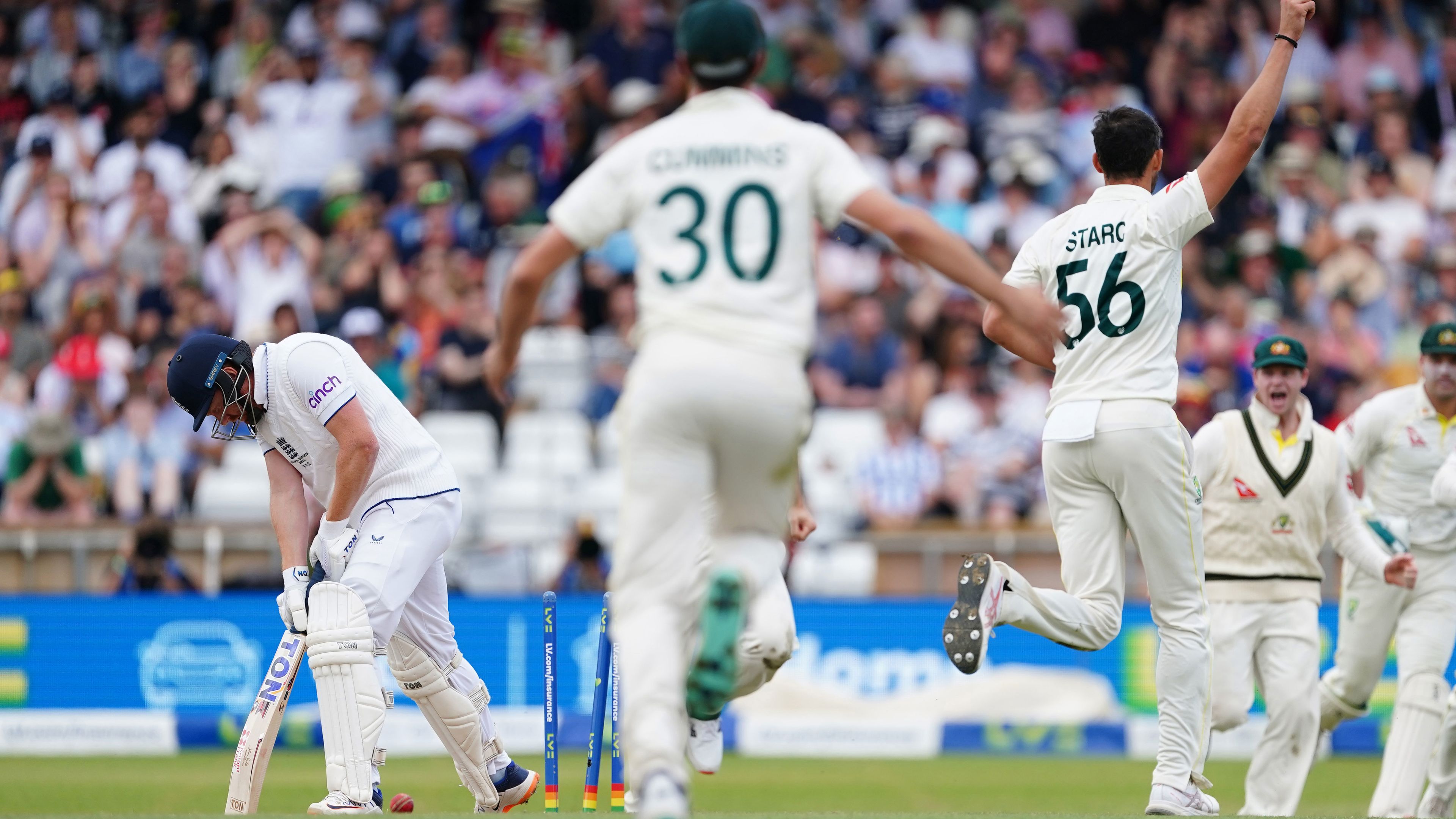 Australia&#x27;s Mitchell Starc celebrates after taking the wicket of England&#x27;s Jonny Bairstow during day four of the third Ashes Test at Headingly.