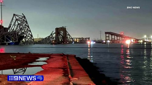 Parts of the Francis Scott Key Bridge remain after a container ship collided with a support Tuesday, March 26, 2024, in Baltimore.