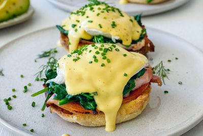 Tom Walton's Eggs Benedict with bacon, spinach and Hollandaise Sauce