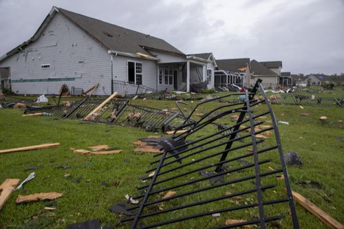 A tornado touched down in the The Farm at Brunswick County in Carolina Shores, N.C., on Thursday, Sept. 5, 2019, damaging homes ahead of Hurricane Dorian's arrival. (Jason Lee/The Sun News via AP)