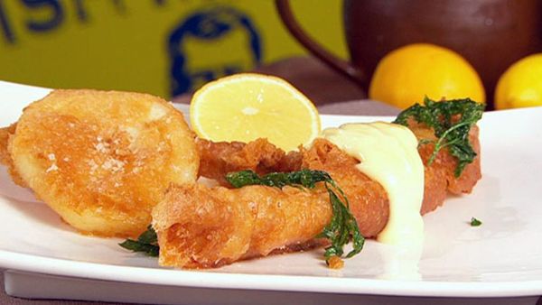 Beer battered flathead with chunky potato scallops