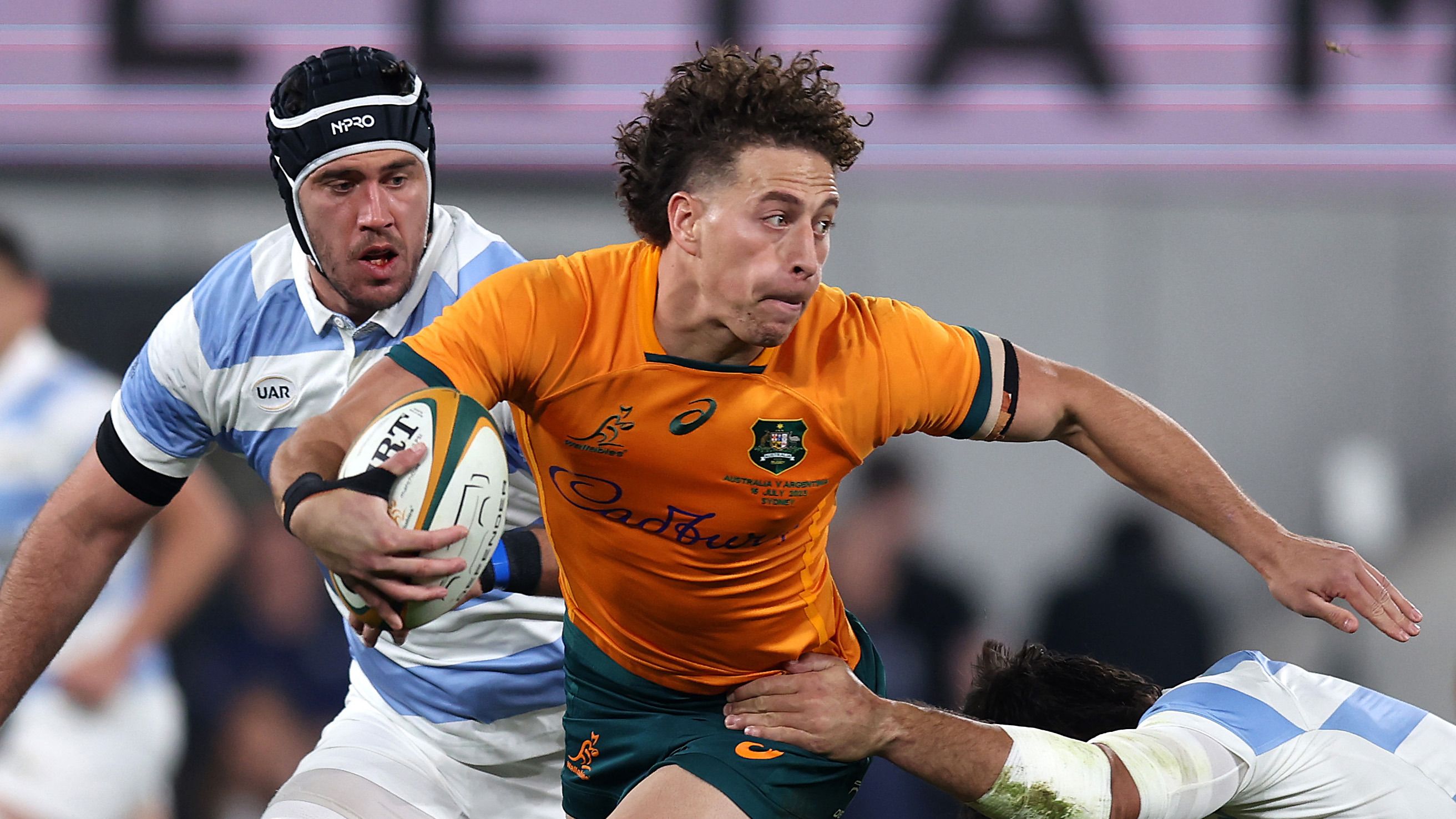 Mark Nawaqanitawase of the Wallabies is tackled during the Rugby Championship match against Argentina.