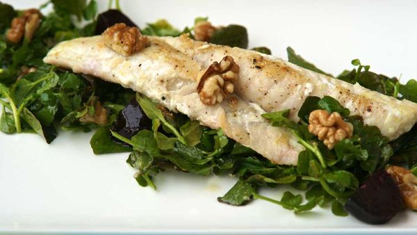 Flathead fillets with roasted baby beetroots and walnuts