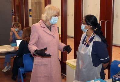 The Duchess of Cornwall talks to Dr Shaikh (right) during a visit to the Community Vaccination Centre at St Paul's Church, Croydon, where she thanked NHS staff and church representatives supporting the UK vaccination rollout. Picture date: Wednesday March 3, 2021. 