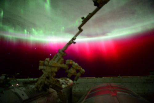 The auroras are a result of recent severe geomagnetic activity in the Earth's atmosphere. (Scott Kelly/NASA)