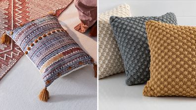 A bold cushion from Adairs and textured one from Pillow Talk