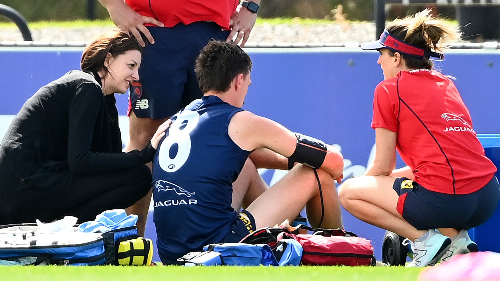 Melbourne medical staff and Alan Richardson attend to Jake Lever during pre-season training.