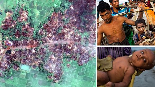 Satellite imagery (left) shows the complete destruction of the village of Chein Khar Li. (Human Rights Watch)