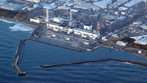 This aerial photo shows the Fukushima Daiichi nuclear power plant in Okuma town, Fukushima prefecture, north of Tokyo, on March 17, 2022. 