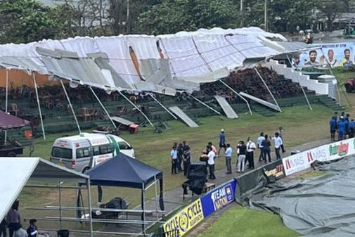 A grandstand at Galle International Stadium collapses before play on day two of the first Test between Sri Lanka and Australia.