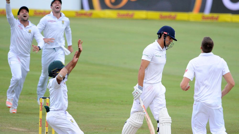 South Africa celebrate dismissing England skipper Alastair Cook. (Getty)