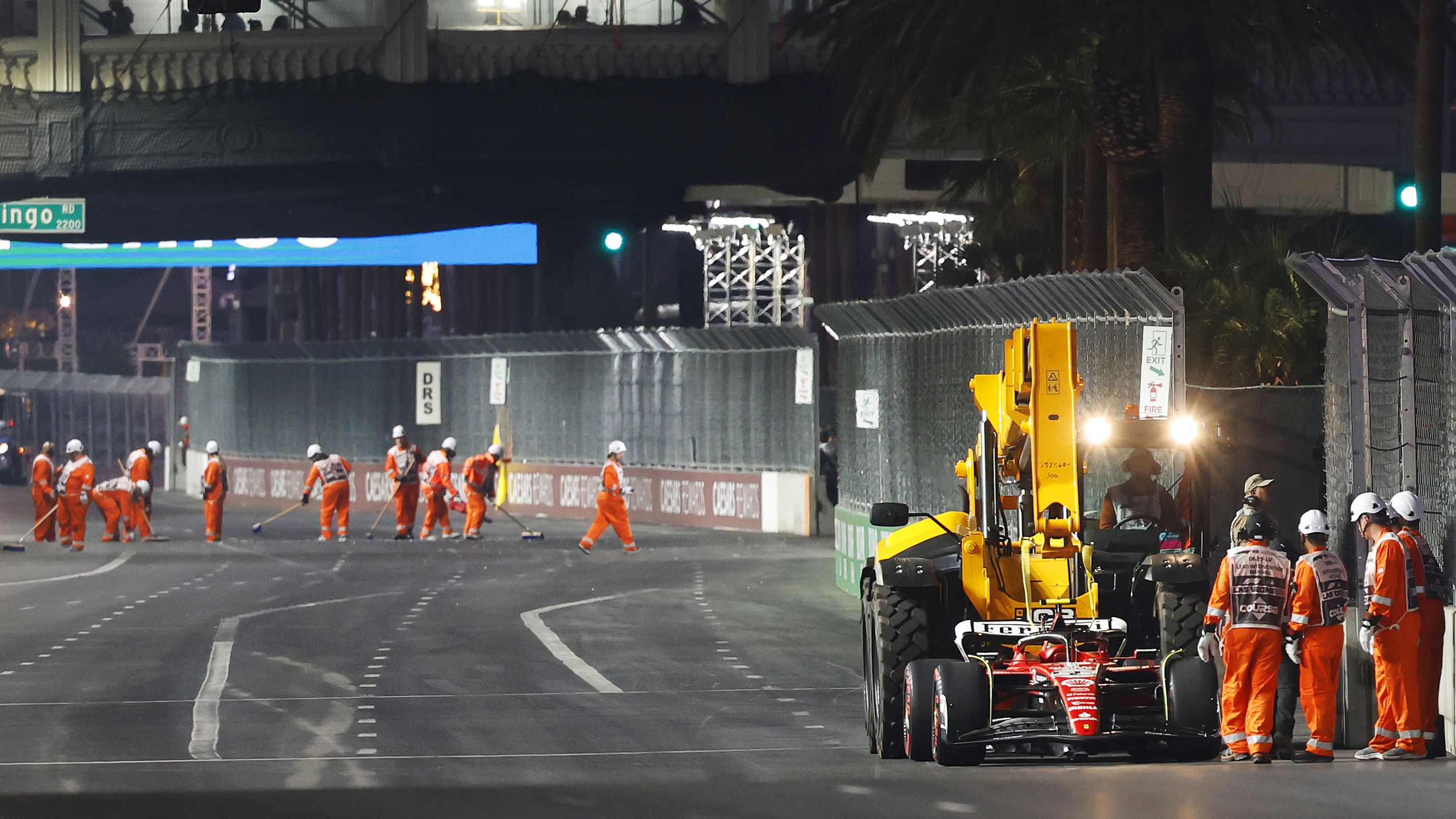 LAS VEGAS, NEVADA - NOVEMBER 16: The car of Carlos Sainz of Spain and Ferrari is removed from the circuit after stopping on track during practice ahead of the F1 Grand Prix of Las Vegas at Las Vegas Strip Circuit on November 16, 2023 in Las Vegas, Nevada. (Photo by Chris Graythen/Getty Images
