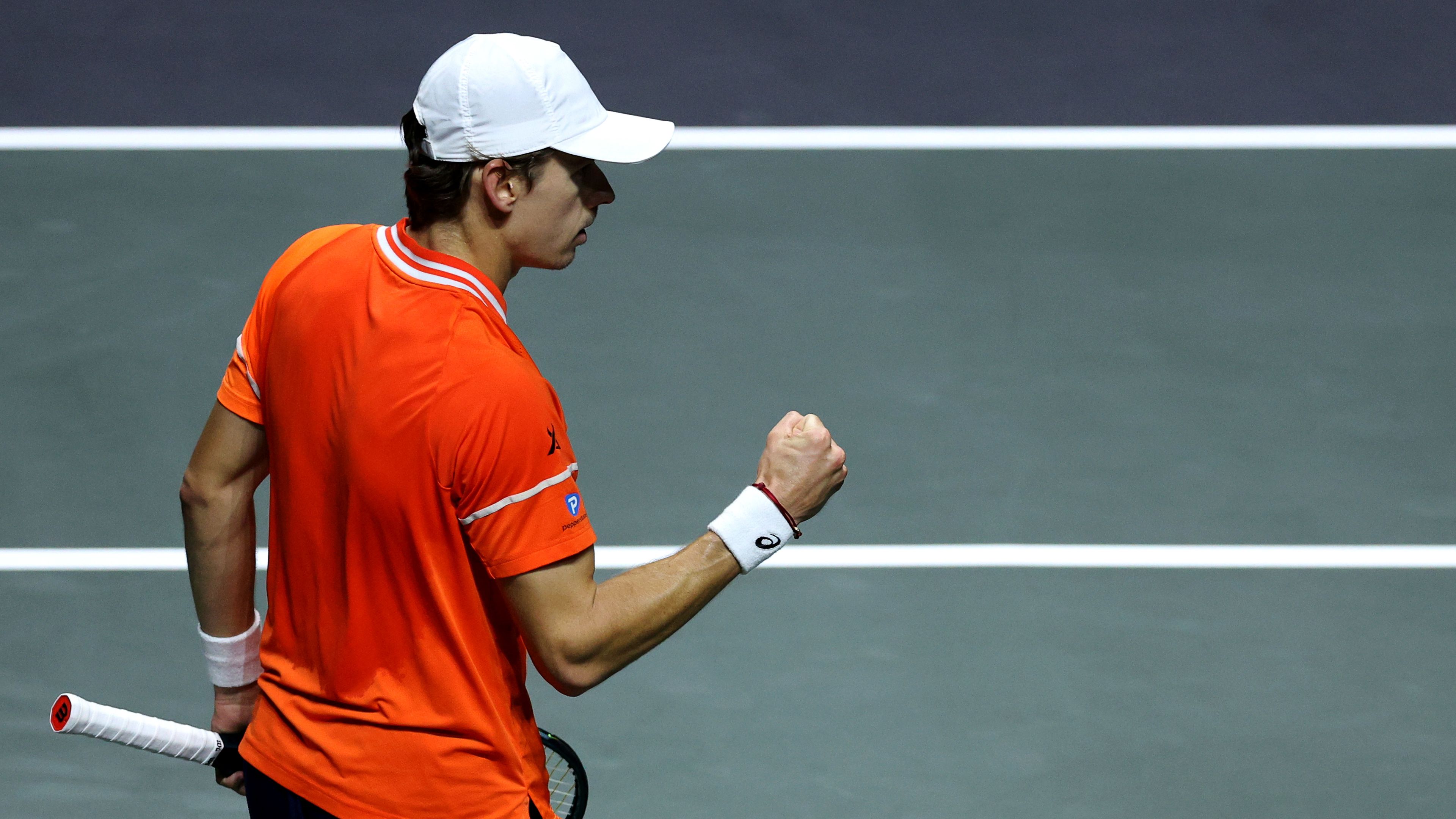 Alex de Minaur of Australia celebrates a point against Grigor Dimitrov of Bulgaria during their semi final match on day 6 of the ABN AMRO Open at Rotterdam Ahoy on February 17, 2024 in Rotterdam, Netherlands. (Photo by Dean Mouhtaropoulos/Getty Images)