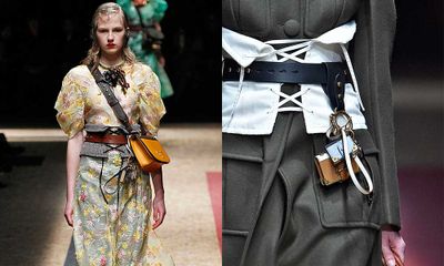 At Prada, corsets made from unstructured denim and cotton
were laced loosely over coats, jackets and dresses, layered at times with belts
and dripping with trinkets.&nbsp;