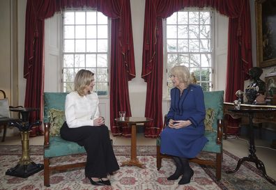 Queen Camilla during a meeting with the First Lady of Ukraine, Olena Zelenska, at Clarence House in London, Thursday Feb. 29, 2024.