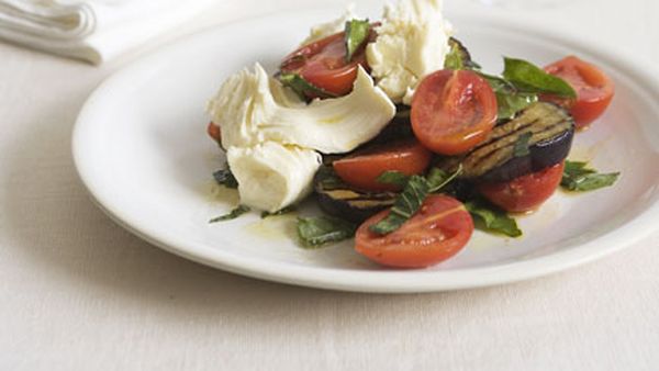 Eggplant and mozzarella salad with rosemary bruschetta