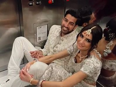 bride and groom trapped in hotel lift wedding