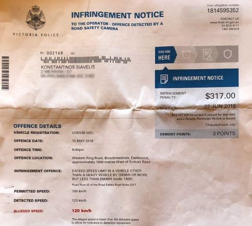 This is the infringement notice sent to Mr Siavelis. Picture: Supplied 