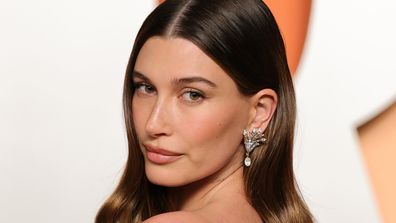 Hailey Bieber at the 2025 Vanity Fair Oscar Party at Wallis Annenberg Center for the Performing Arts on March 2, 2025 in Beverly Hills, California.  