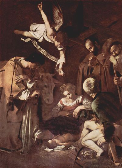 <strong><em>Nativity with St. Francis
and St. Lawrence</em> by Caravaggio</strong>