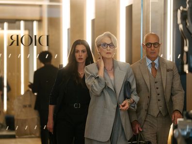 (L-R):  Anne Hathaway as Andy Sachs, Meryl Streep as Miranda Priestly and Stanley Tucci as Nigel Kipling in 20th Century Studios' THE DEVIL WEARS PRADA 2. Photo courtesy of 20th Century Studios. © 2026 20th Century Studios. All Rights Reserved.