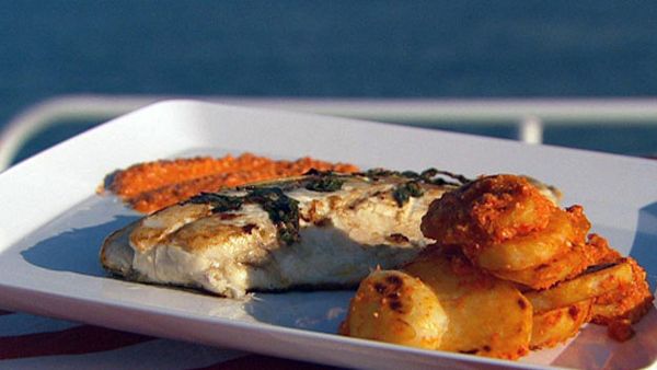 BBQ barramundi with romesco sauce