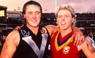 Tony Lockett and Dermott Brereton of Victoria pose after  the 1989 State of Origin match between Victoria and South Australia at the MCG, 1989.