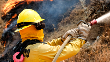 A firefighter battles the Apple Fire in Banning, Calif., Sunday, Aug. 2, 2020.  (AP Photo/Ringo H.W. Chiu)