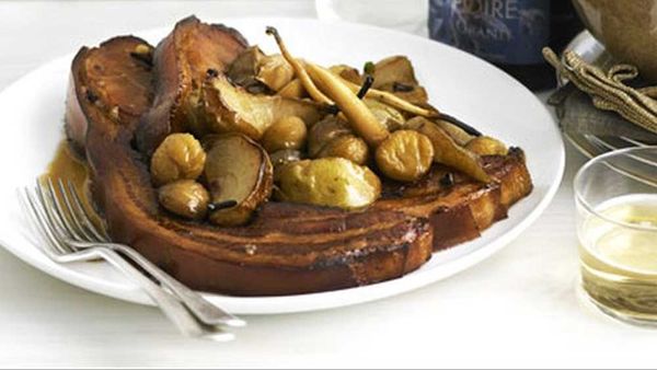 Perry-braised bacon with pears, parsnips and chestnuts recipe