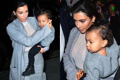 If Kimmy K's rocking a grey oversized coat, baby Nori's in a grey fluffy knit... that we (secretly) wish came in our size. <br/><br/>Bonus points for those super-flash studs that probably cost more than our studio apartments...