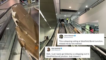 A large section of the Westfield Bondi Junction ceiling collapsed onto an escalator this afternoon, during torrential heavy rain.
