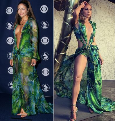 Jennifer Lopez in her original Versace Grammys gown from 2000 (left) and even sexier update on September 21, 2019 (right).