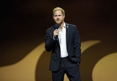 VANCOUVER, CANADA - FEBRUARY 16: Prince Harry, The Duke of Sussex, Founder and Patron of the Invictus Games Foundation delivers remarks at the Closing Ceremonies of the Invictus Games Vancouver Whistler 2025 on February 15, 2025. at Rogers Arena in Vancouver, Canada.  (Photo by Jeff Vinnick/Getty Images for Invictus Games Vancouver Whistler 2025)