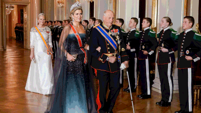 Queen Maxima of the Netherlands, and King Harald of Norway arrive at the gala dinner at the Norwegian Palace.