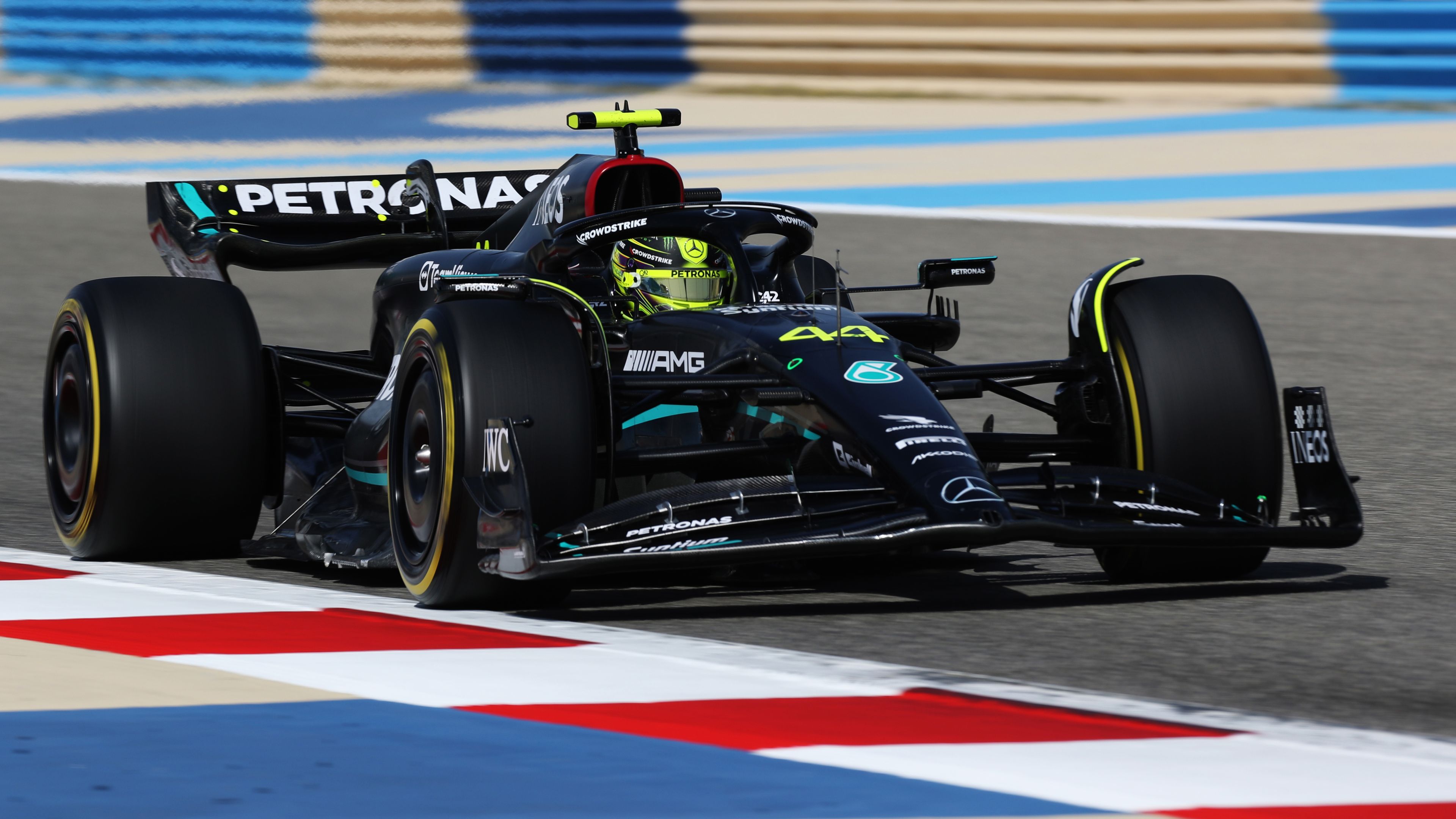 Lewis Hamilton of Great Britain driving the (44) Mercedes AMG Petronas F1 Team W14 on track during day two of F1 Testing at Bahrain International Circuit on February 24, 2023 in Bahrain, Bahrain. (Photo by Peter Fox/Getty Images)