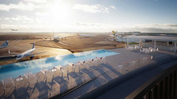 A rendering of the JFK TWA Hotel's spectacular rooftop infinity pool, overlooking the runway
