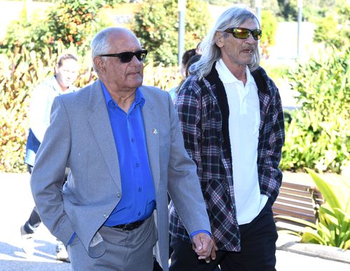Gordon Davis (left) , stepfather, and Hector Daley, father, of Lynette Daley, arrive at the Supreme Court in Coffs Harbour on August 2. (AAP)