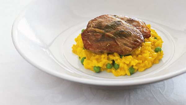 Veal saltimbocca with risotto Milanese